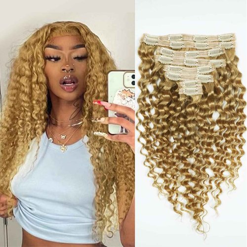 Curly Clip in Hair Extensions Real Human Hair 14inch 100g Invisible & Seamless 100% Brazilian Remy Human Extension Deep Wave Clip ins Extensions Double Weft 8 PCS with 20 Clips #27 Honey Blonde