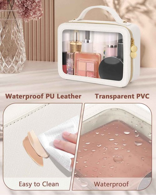 Soimeat Clear Makeup Bag, Portable Travel Cosmetic Bags, Multipurpose Leather Toiletry Bag with Zipper, Waterproof Transparent Cosmetic Organizer for Women, Medium, Beige