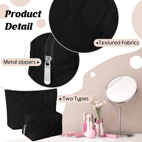 Huhumy 2 Pc Christmas Gift Makeup Bag Set Cute Quilted Cosmetic Pouch for Women Travel Toiletry Bag Preppy Small Makeup Purse Pouch Skincare Brushes Storage Organizer Pencil Case Set(Black)