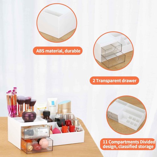 LETURE Desk Organizer, Cosmetic Makeup Vanity Organizer Box, Bathroom Counter Makeup Storage for Eyeshadows, Skin Care, Concealers, Powders, Nail Polish (White)
