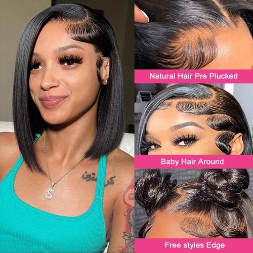Smabuity Bob Wigs Human Hair 13x4 HD Lace Front Bob Wig Human Hair Short Straight Frontal Glueless Wigs for Black Women Pre Plucked with Baby Wig Side Part 180 Density 12 Inch D