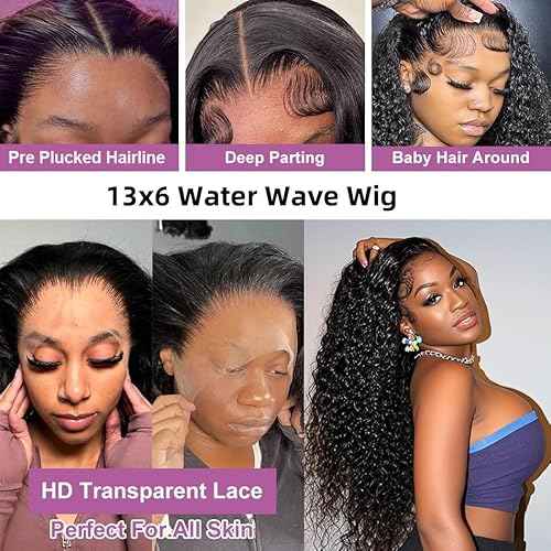 Caijuxing Water Wave Lace Front Wigs Human Hair 13x6 HD Lace Front Wigs Human Hair 200% Density (Natural Black- Water Wave Wig, 18 Inch)