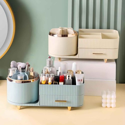 DASITON 360° Rotating Makeup Organizer with Drawers-Large Capacity Cosmetic Display Case for Skincare,Brushes,Eyeshadow&Lipstick(Cream)