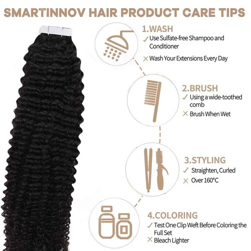Smartinnov Tape in Hair Extensions Human Hair Deep Curly 14Inch PU Tape Ins for Black Women 20pcs 50G Seamless Curly Tape on Hair Extensions with Invisible Tape Attached Tape on Hair