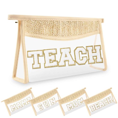Teacher Appreciation Gifts Boho Straw Clear Makeup Bags, Zipper Cosmetic Bag Chenille Letter Patch Bag, Preppy Cute Beach Toiletry Pouch, Trendy Graduation Retirement Birthday Teacher Gifts for Women