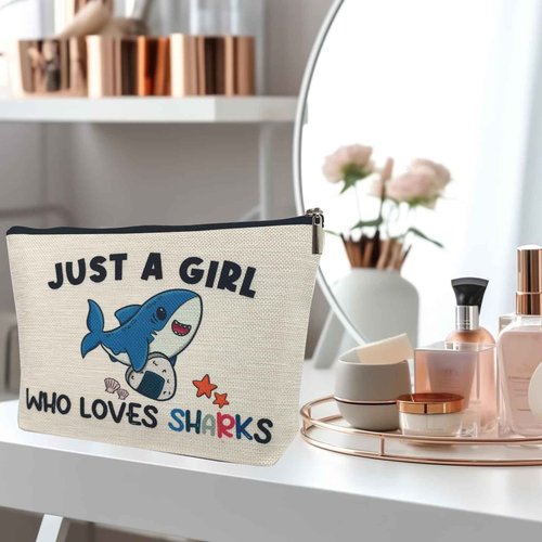 Suemetic Shark Gifts for Women Makeup Bag, Cute Shark Themed Gifts for Shark Lovers Girls Kids Accessories, Just A Girl Who Loves Sharks Cosmetic Stuff Pouch, Birthday Christmas Decorations