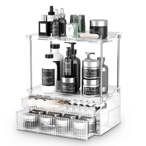 2-Tier 2-Drawer Bathroom Countertop Organizer : Large Multi-Purpose Makeup Vanity Organizer - Perfume & Skincare Storage Amber Clear