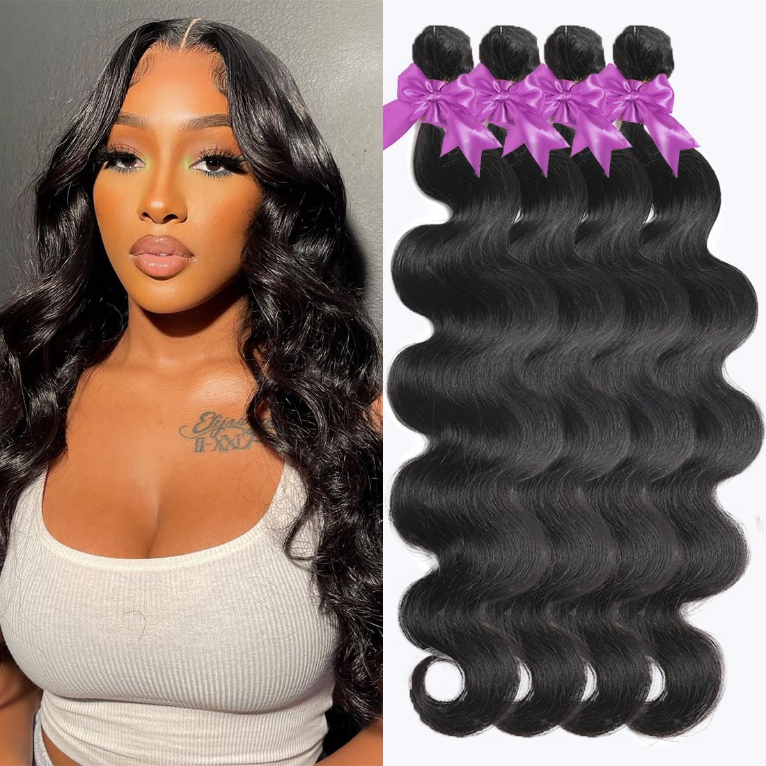 Myonisally Bundles Human Hair 4 bundles 14 16 18 20 Inch Body Wave Bundles Human Hair 100% Unprocessed Brazilian Virgin Weave Bundles Human Hair Extension Quick Weave Deals Natural Black