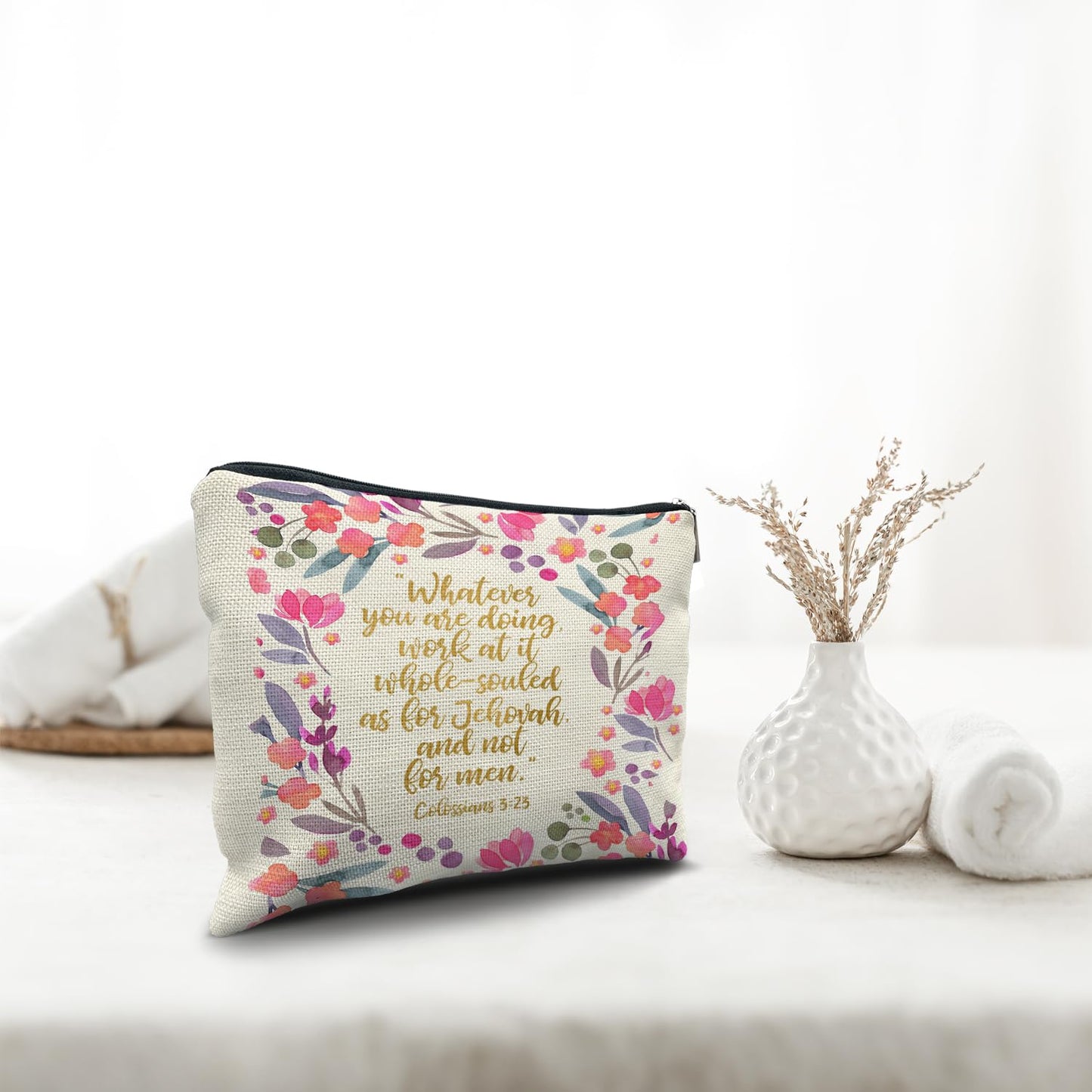 Nogrit Christian Inspirational Makeup Bag Cosmetic Bags for Women, Floral Makeup Bag, Christian Gifts for Women Faith, Religious Bible Verse Small Makeup Cosmetic Bag for Purse, Colossians 3:23