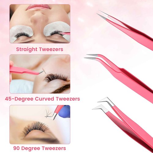 6 Pcs High Precision Lash Tweezers Set Eyelash Extension Tweezers Stainless Steel Eyelash Tweezer for Women Lash Extension Tools Supplies Classic Mega Volume Lashs Facial Hair Crafting Making(Pink)