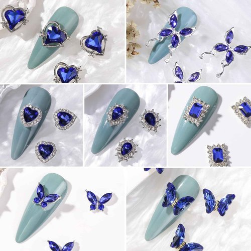editTime 24pcs Silver Metal Alloy 3D Luxury Nail Rhinestones Kit Punk Y2K Star Moon Heart Love Butterfly Cross Crown Rhomboid Rhomboid Balloon Pendant Flat Back Nail Charms Decoration (blue-24pcs)