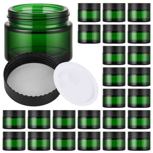 Glass Jars with Lids,Eco-Friendly Cosmetic Containers with Airtight Black Lids & Liners, Multi-Color Options for Cream, Lotion, Body Butter, DIY Skincare Travel Jars (Green, 2oz)
