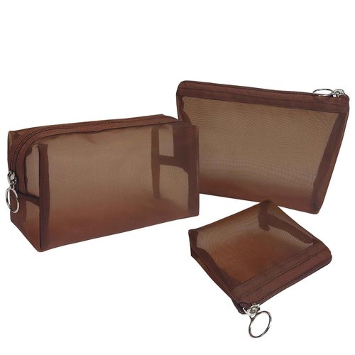 Aosbos 3-Pack Mesh Cosmetic Bag Set – Travel Makeup Pouch with Zipper, Lightweight Organizer for Toiletries – Durable & Breathable Nylon Mesh Bags, Brown