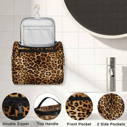 JXDXHCW Toiletry Bag with Hanging Hook Makeup Bag Retro Leopard Cheetah Animal Print Cosmetic Case Travel Organizer for Women Men Traveling Wash Bag