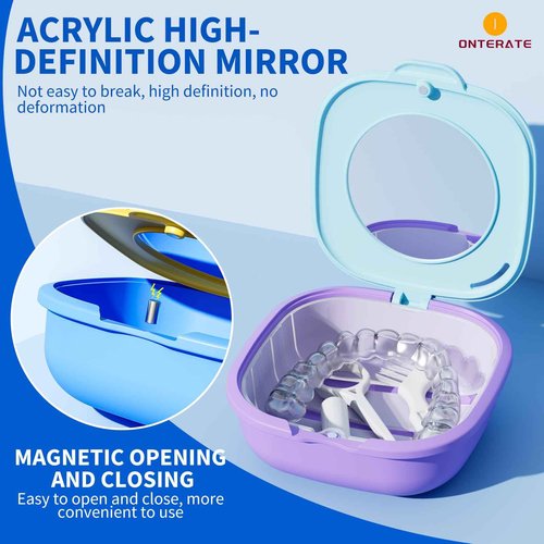 ONTERATE Magnetic Retainer Box with Mirror, Compact Denture Case with Vent Holes & Retainer Remover Tool & Chewies & Brush, Protable Aligner Cleaner Case for Night Mouth Guards, Braces (Pink Green)
