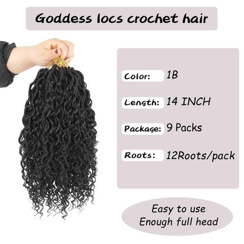Goddess Locs Crochet Hair,Vemet 14 Inch 9 Packs Synthetic Faux Locs Crochet Hair for Black Women,River Locs Hair Extensions Boho Style Pre looped Faux Locs with Curly Ends