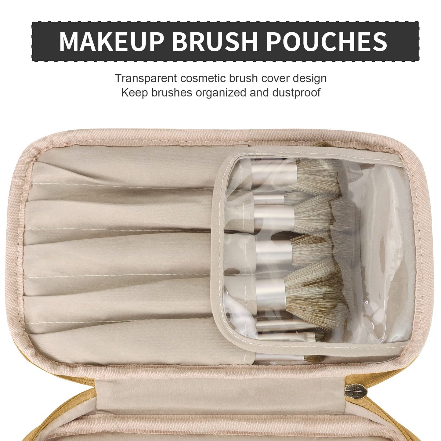 Pocmimut Makeup Bag, Leather Makeup Bag Travel Cosmetic Bag, Double Layer Make Up Bags for Women, Large Wide-open Toiletry Bag Make up Organizer Case for Toiletries Accessories Brushes (Khaki)