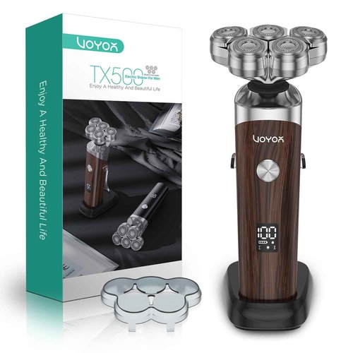 VOYOR Electric Razor for Men - 5D Floating Shavers for Men Magnetic Electric Shaver Rechargeable Face Shaver LED Display Wet Dry Shaving IPX6 Waterproof Mens Rotary Razor TX500 (Woodgrain)