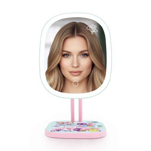 Impressions Vanity Hello Kitty and Friends Vacay Highlight LED Makeup Mirror with Artwork, Standing Mirror with White Strip LED Light and Adjustable Tilt, Portable Mirror with Soft Touch Sensor
