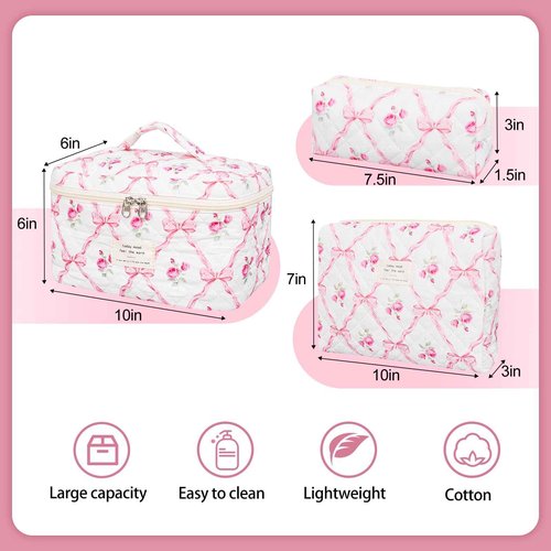 SXS LACONIC Quilted Makeup Bag,Large Cosmetics Bag Set,Cotton Coquette Floral Make up Pouch,Travel Toiletry Bag for Women