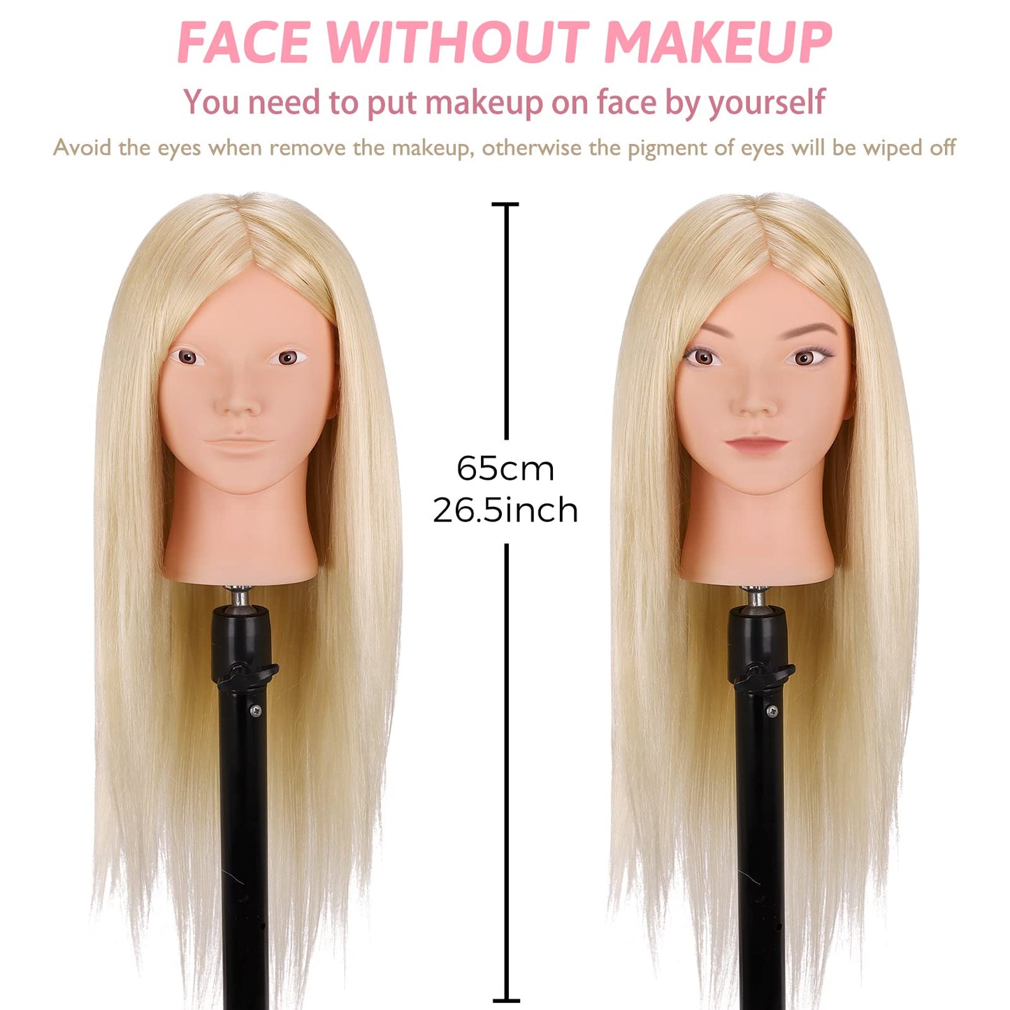 Mannequin Head with 70% Real Hair, TopDirect 26" Blonde Human Hair Styling Hairdressing Cosmetology Mannequin Manikin Makeup Training Practice Head with Clamp and Tools