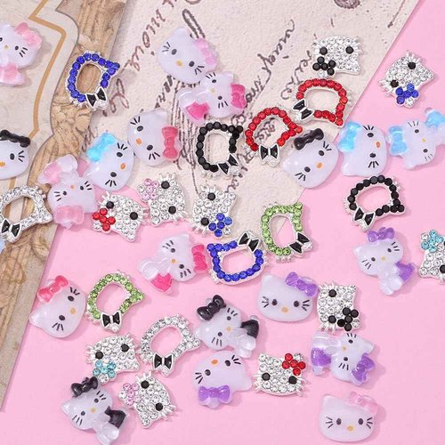 6 Sheets Cute Cat Nail Stickers and 40Pcs Cartoon Red Pink Cat Nail Charms Set Kawaii Cat Heart Letter Nail Art Decals Charms for Women DIY Party Nail Decoration Accessories