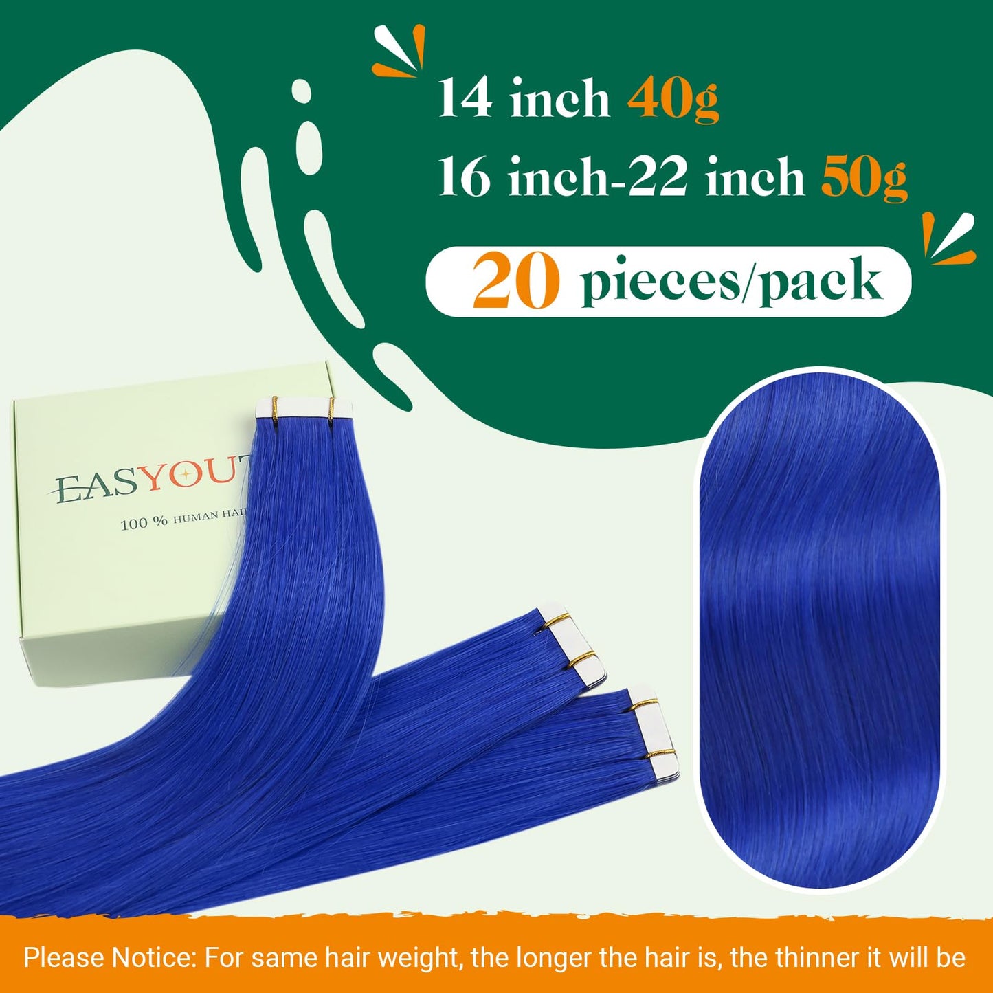 Easyouth Blue Tape in Hair Extensions Human Hair Tape ins Extensions Human Hair Colored Blue Tape in Extensions Real Human Hair Silky 14Inch 20g 10pcs