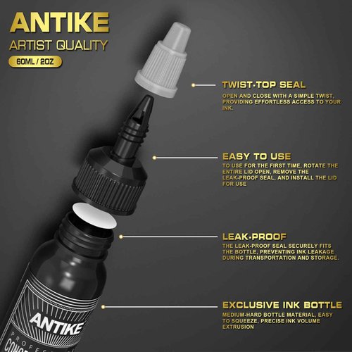 ANTIKE Black Tattoo Ink 2oz Pro Tattoo Ink Concentrated Black 60ml USA Standard Pigment for Tattoo Artist TI5003-60-030