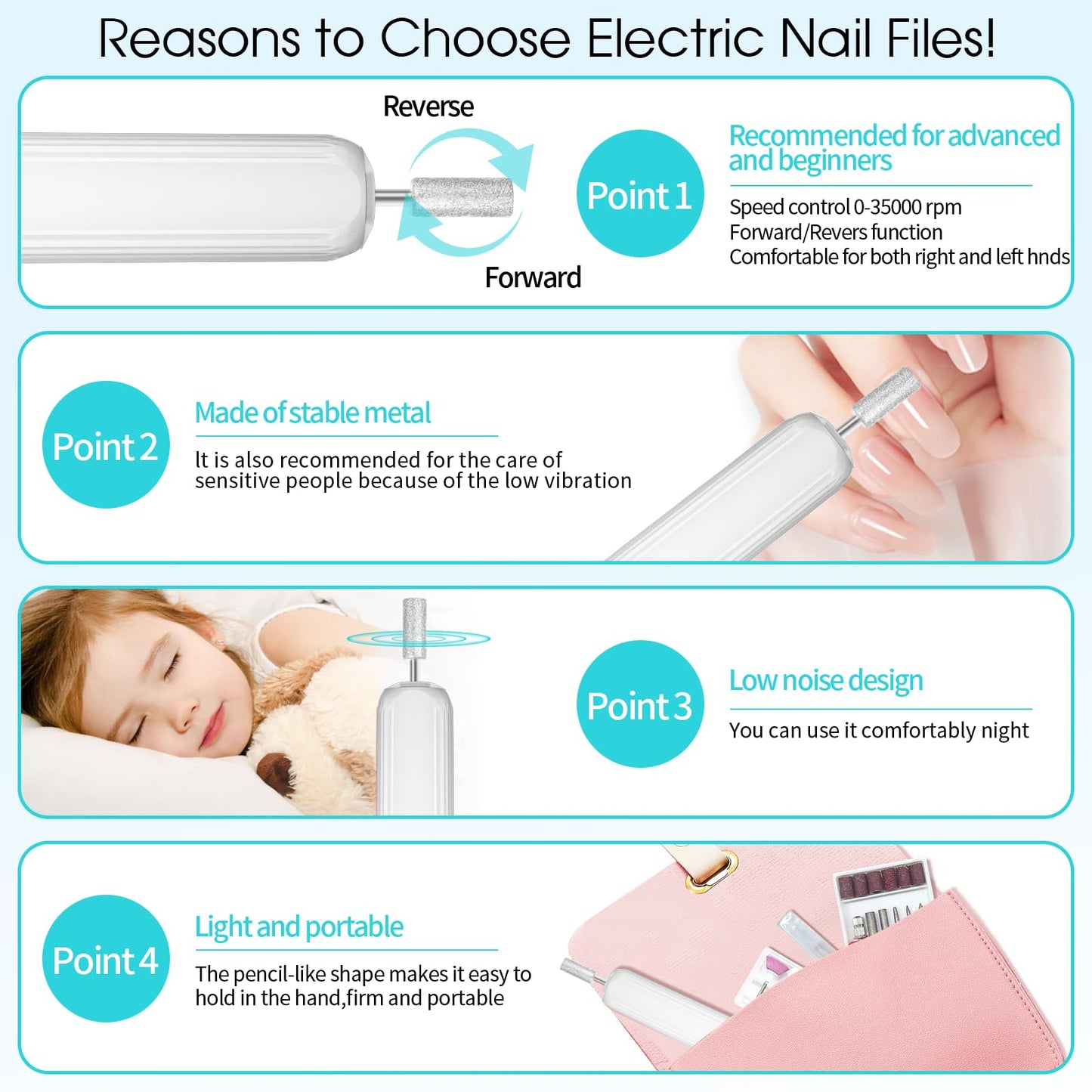 Electric Nail Drill, Professional Manicure Pedicure Kit, Cordless Electric Nail File Set, Rechargeable Pedicure Tools for feet, 3 Speeds Hand Foot Care Nail Drill for Thick Nail Toenail Cuticle-White