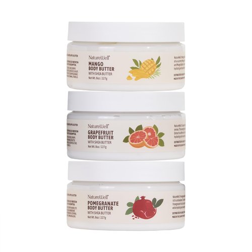 NATURE WELL Shea Body Butter Variety Pack, Includes Grapefruit, Mango, & Pomegranate, Provides Ultimate Nourishment & Hydration, 3 Pack (8 Oz Ea)