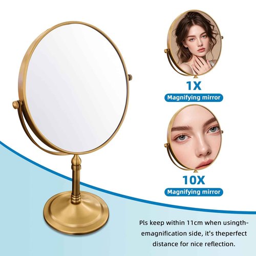 Gecious Antique Brass Makeup Mirror 1X/10X Free Standing 8 Inches 360 Swivel Dual-Sided Tabletop Makeup Mirror, Metal