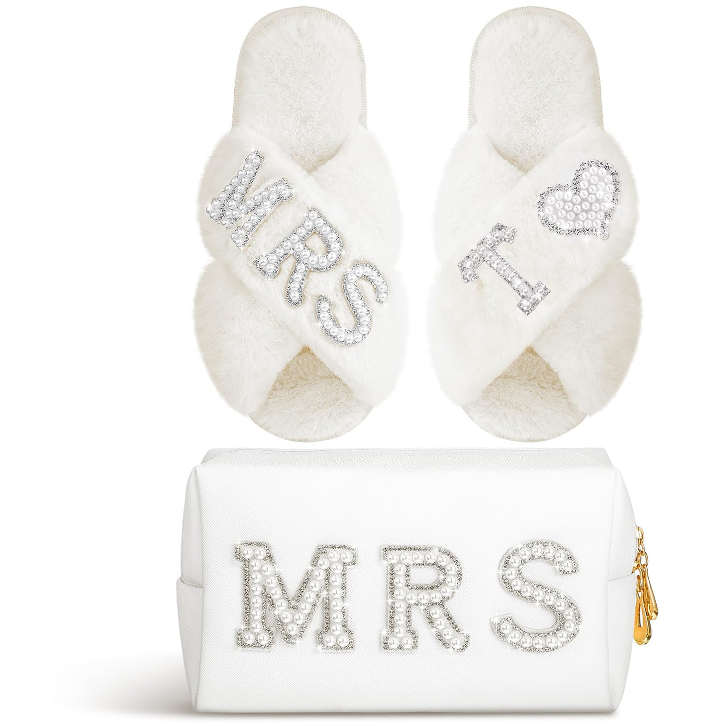 Xtinmee Personalized Initial Wedding Bride Slippers MRS Pearl Letter Makeup Bag Bridal Shower Gifts for Wedding Day (T)