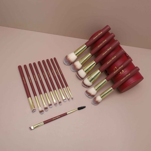 Anactoro Beauty Travel Makeup Brush Set, 16 Professional Vegan Matte Wood Handle Red Gold Makeup Brushes Set and 2 Makeup Sponges, ON-THE-GO Make up Brushes Set with Case (Red)