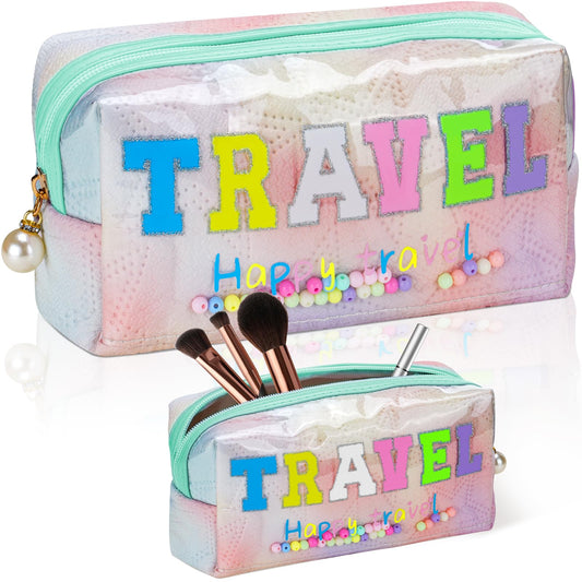 Pretty Coloreful TRAVEL Letter Patch Preppy Makeup Bag, Large Capacity Travel Makeup Bag Accommodate More Makeup & Toiletries, Daily Use & Travel Use Beautifully Designed Makeup Bag for Girls & Women