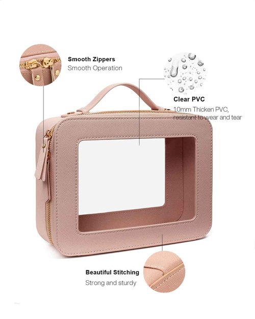 Clear Makeup Bag Set for Women, Transparent Travel Cosmetic Case Portable Skincare Toiletry Bag with Zipper Waterproof Makeup Pouch Car Organizers Car Accessories for Essentials (Dual Dark Pink)