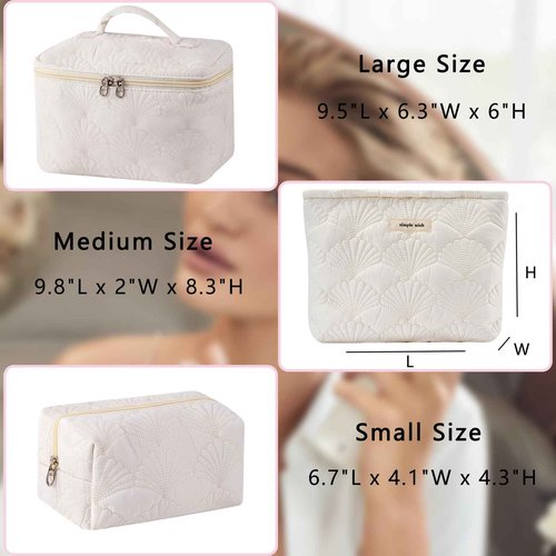 RSRSLEII 3Pcs Quilted Cotton Coquette Makeup bag, Coastal Granddaughter Aesthetic Cosmetic Bag, Cute Seashell Portable Travel Toiletry Pouch (08 3Pcs White)
