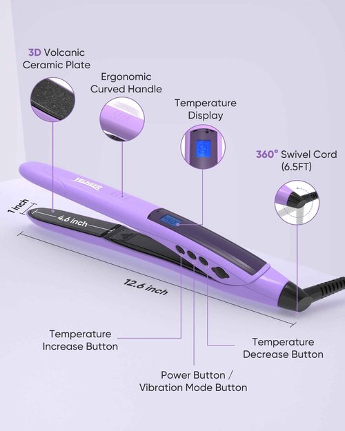 1" Ceramic Flat Iron with Sonic Vibrating, Dual Voltage Travel Hair Straightener for Women - Ionic & Volcanic Mineral Technology to Lock in Moisture, Straightener and Curler, 10 Heat Settings
