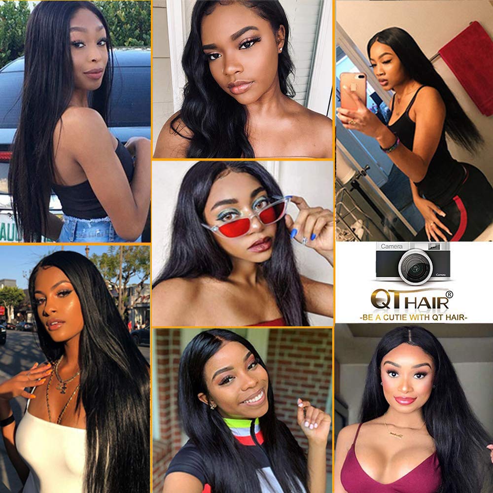 QTHAIR 14A Grade Brazilian Straight Human Hair Bundles With HD Lace Frontal(16 18 20+16in) 13x4 Ear to Ear Lace Frontal 100% Unprocessed Virgin Human Hair Natural Color