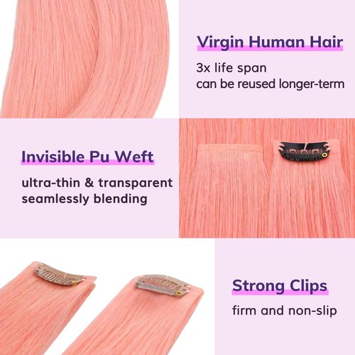 IDN BEAUTY Seamless Clip In Hair Extensions Human Hair, 20 Inch 40g 6Pcs Pink Straight Real Virgin Human Hair Seamless Clip Ins For Black Women PU Weft Invisible Edge