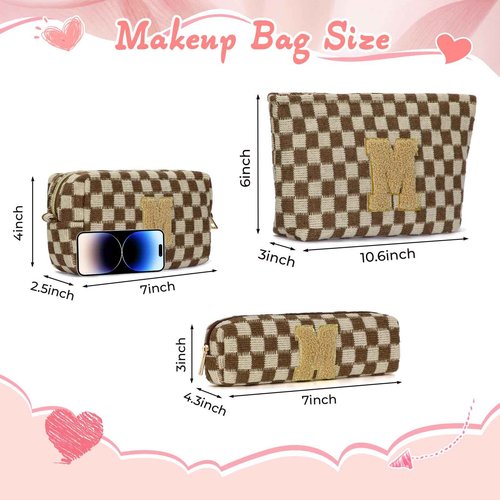 Silongder 3 Pcs Makeup Bag Cosmetic bags for women Large Capacity Checkered Cosmetic Bag Canvas Travel Toiletry Bag Organizer Cute Makeup Bag Mother's Day Birthday Gift for Women (Brown M)