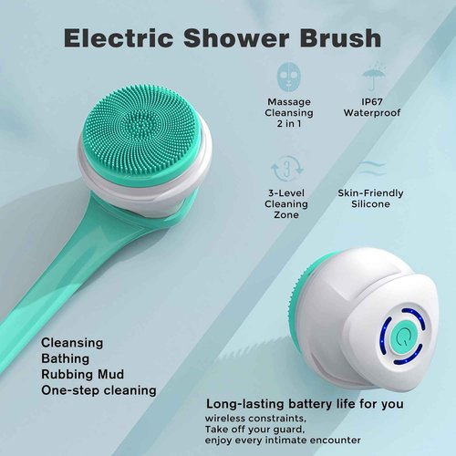 AZKSUN Electric Shower Brush, Body Scrubber, Facial Brush, Exfoliate, with 5 Shower Heads（White）