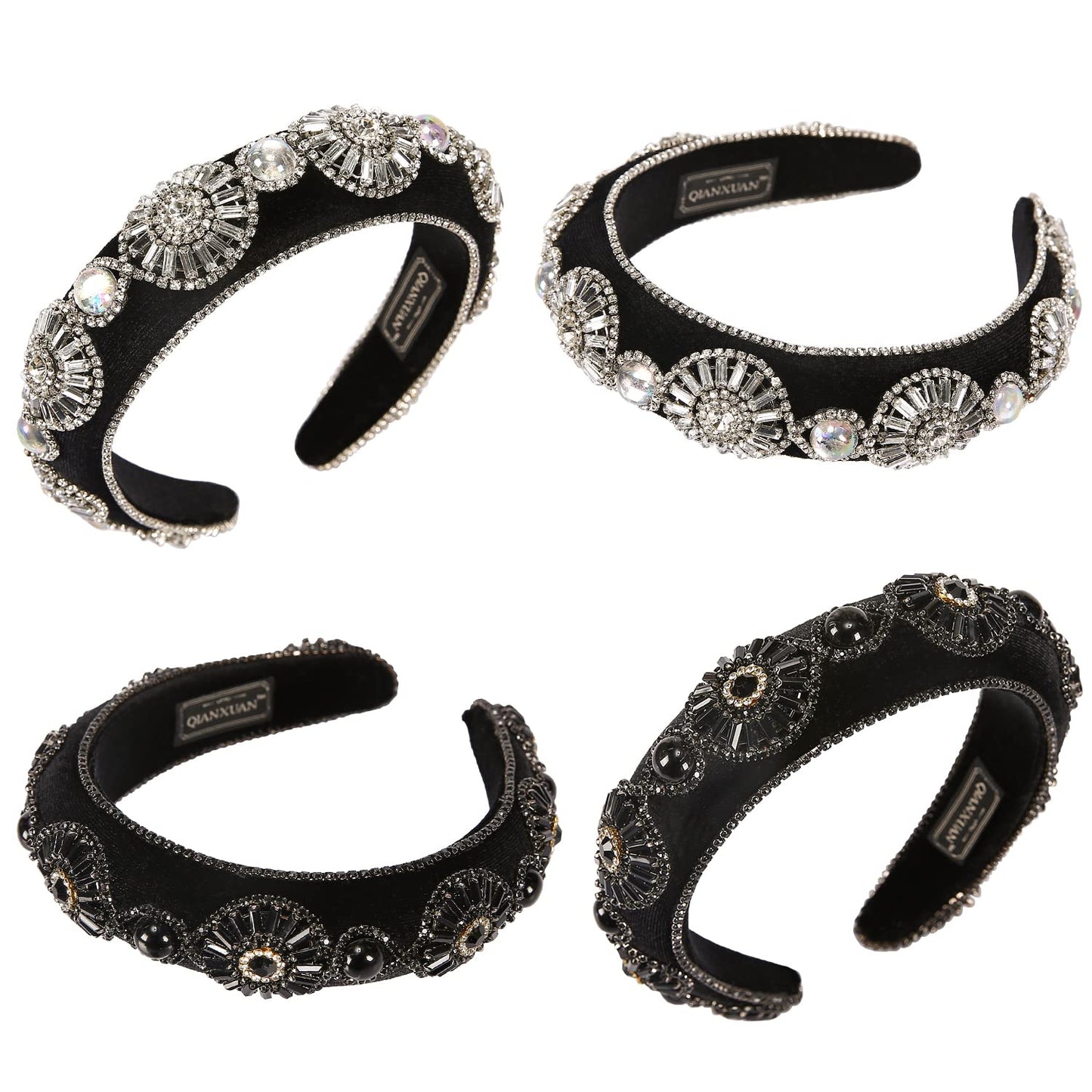 QIANXUAN Crystal Rhinestone Headbands For Women White Pearl Headbands For Girls Padded Headband Black Velvet Jewelry Chain Hairband Handmade Pearly Flower Retro Filling Diamond Hair Accessories