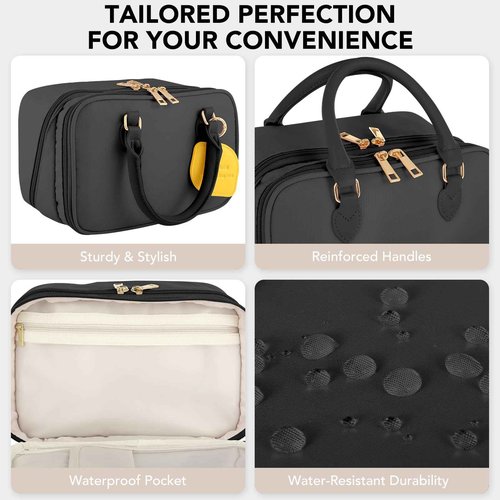 Travel Makeup Bag for Women Fashion Large Capacity Pouch Open Flat Cosmetic Portable Organizer Waterproof Large Opening Storage Toiletry Bags Vertical Free-Standing Brush Holder for Easy Access Black