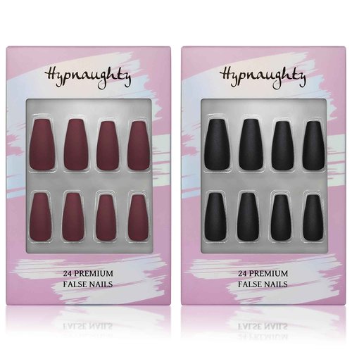 Hypnaughty Press On Nails - Maroon Xtreme & Noir Matte Coffin, Trendy & Salon Quality Reusable Nails With Kit