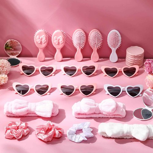 Reallnaive 72 Pcs Spa Sleepover Party Supplies Bachelorette Party Accessories Including Hair Brush Heart-shaped Glasses Mirrors Spa Headband Hair Ties for Bridesmaid Gift Sleepover Favor(Pink)