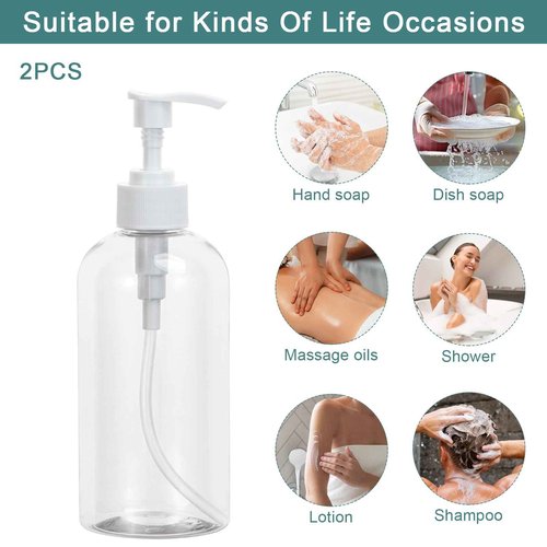Yebeauty Pump Bottle Dispenser, 2 Pack 13.5oz/400ml Dish Lotion Soap Dispenser Plastic Liquid Shampoo Container for Bathroom Kitchen Hotel Body Wash, Clear