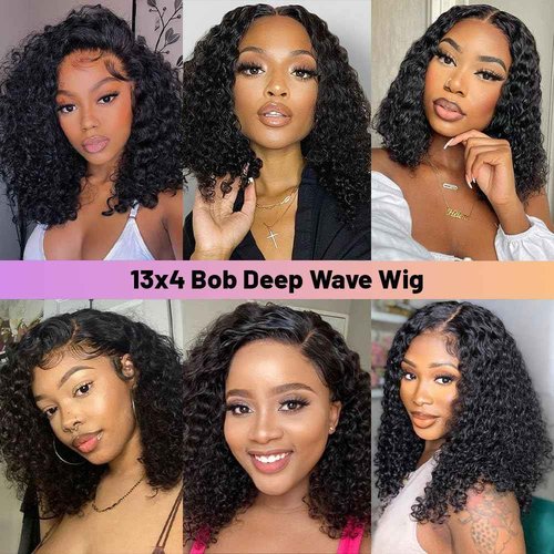 10 Inch Short Bob Wig 13x4 Deep Wave Bob Wigs Human Hair 180% Density Deep Curly 100% Human Hair Wigs Pre Plucked Wet and Wavy Transparent Lace Frontal Wig for Women Natural Hairline