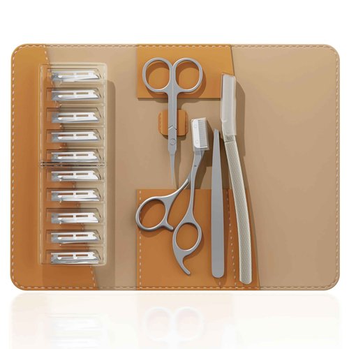 OFIDUS Tweezers for Women Facial Hair, 4 in 1 Eyebrow Kit with Tweezers, Eyebrow Trimmer Scissors, Razor, Style Leather Travel Case, Hair Plucking Daily Beauty Tools