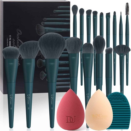 DUcare Makeup Brushes Set 17 Pcs with Brush Cleaning Mat and Makeup Sponge Professional Face Powder Eye Shadow Powder Liquid Cream Kit Gift Box