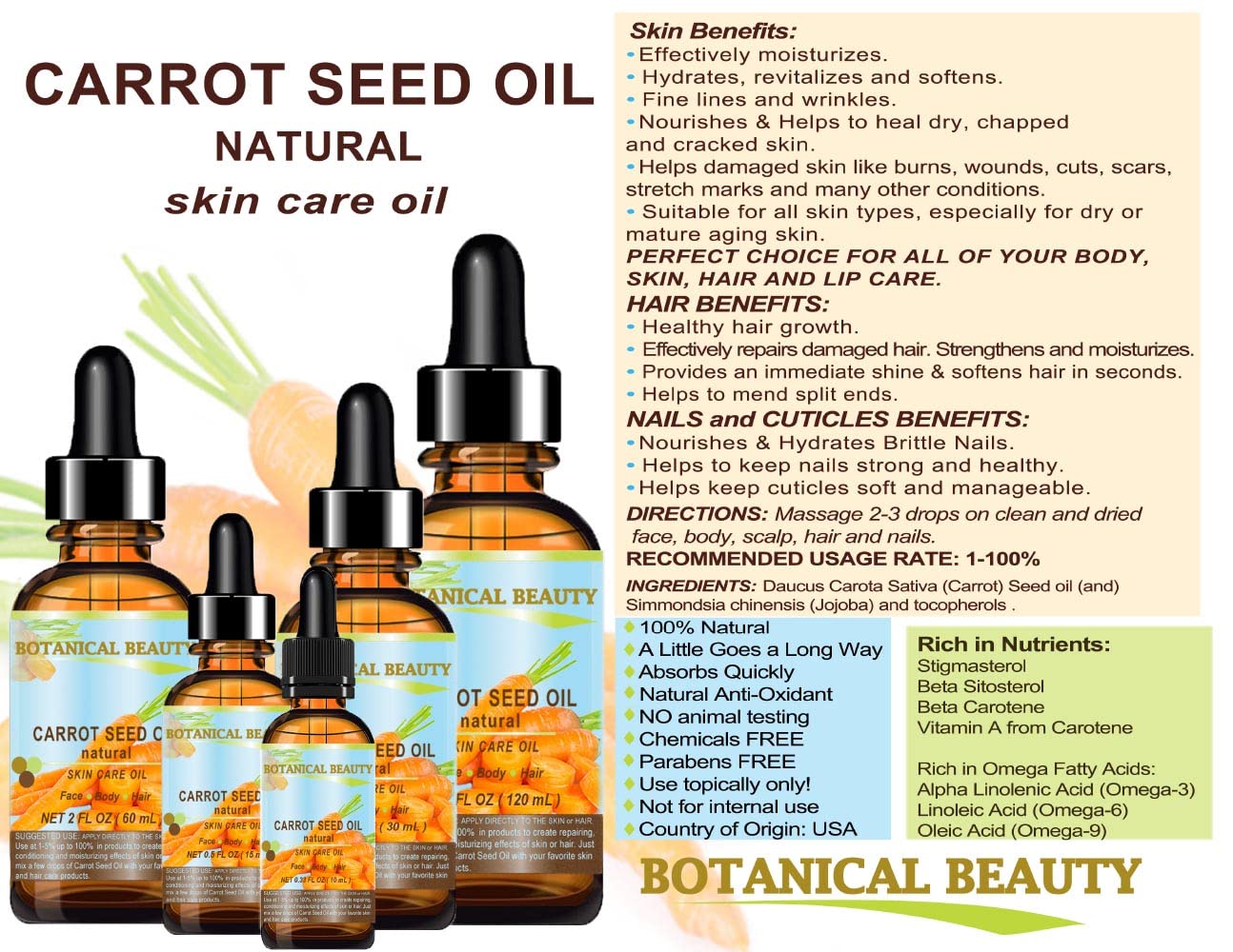 CARROT SEED OIL 100 % Natural Cold Pressed Carrier Oil. 0.33 Fl.oz.- 10 ml. Skin, Body, Hair and Lip Care. "One of the best oils to rejuvenate and regenerate skin tissues.” by Botanical Beauty